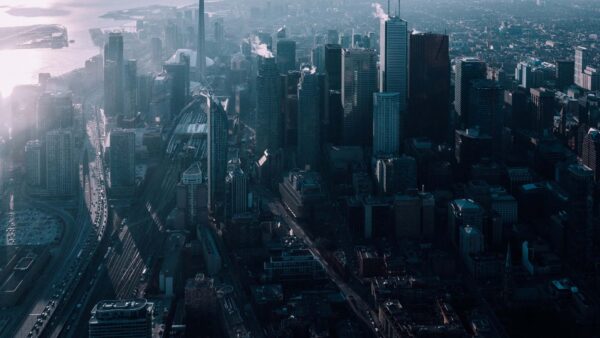 Aerial view of a city on a cloudy day