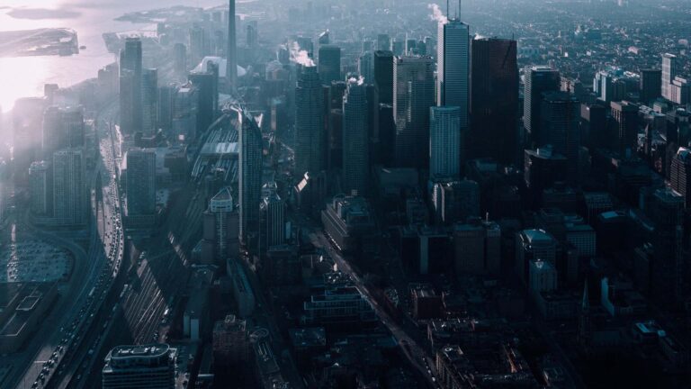 Aerial view of a city on a cloudy day