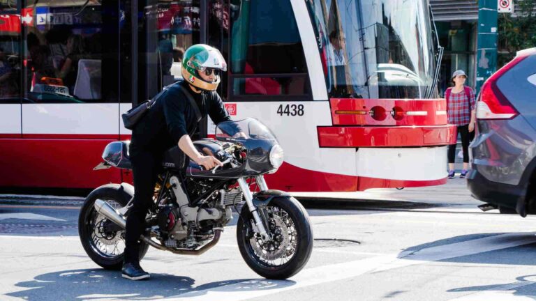 Motorcycle in busy traffic in Toronto Ontario