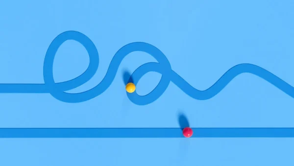 two balls on blue background going in different path patterns