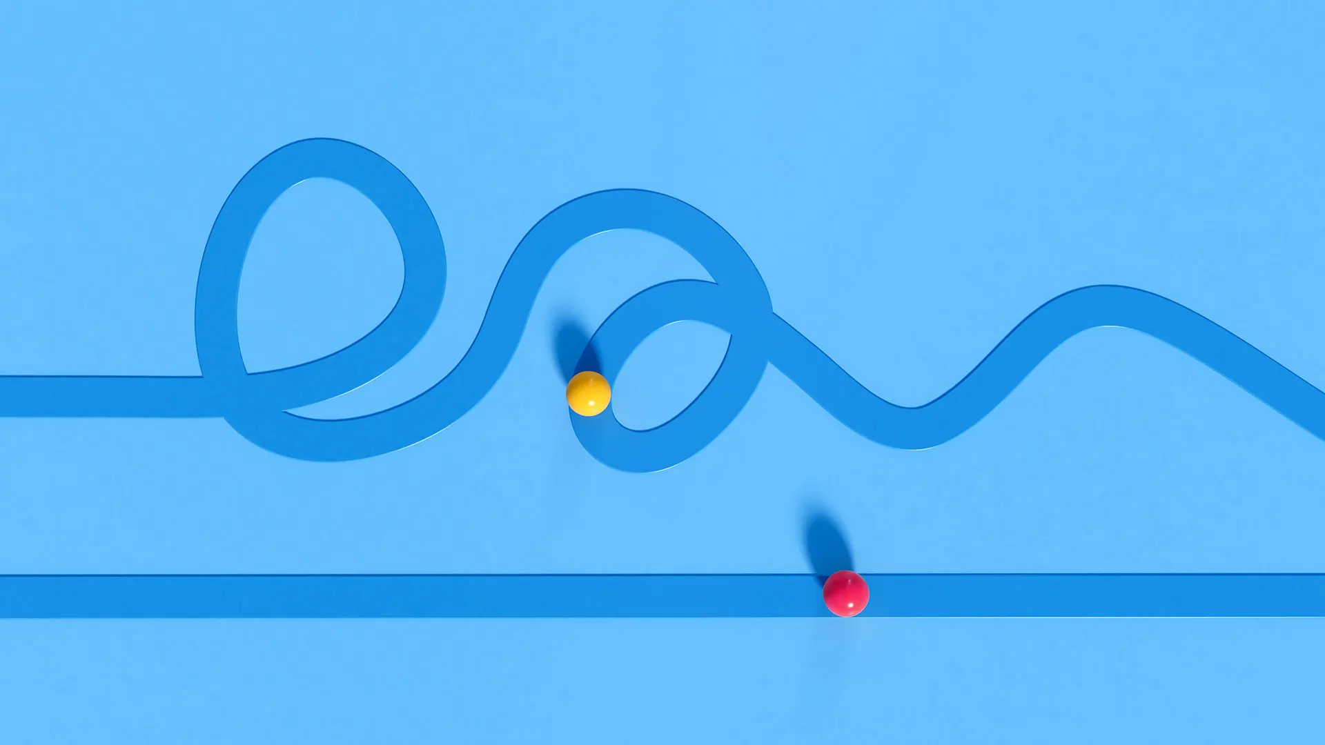 two balls on blue background going in different path patterns