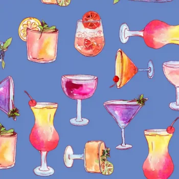 watercolor image of assorted cocktails on periwinkle background