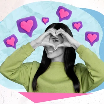 Photo creative picture 3d collage of cheerful lady demonstrate heart hands