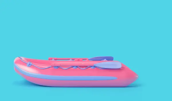 Inflatable pink boat on blue background.