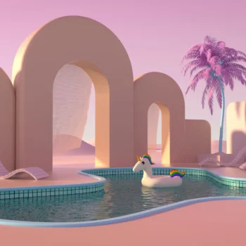 3d image of backyard pool with unicorn inflatable in pool and palm tree in background