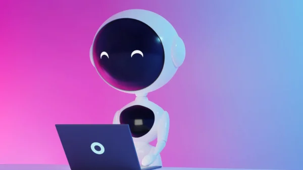 robot typing on laptop with pink purple gradient background