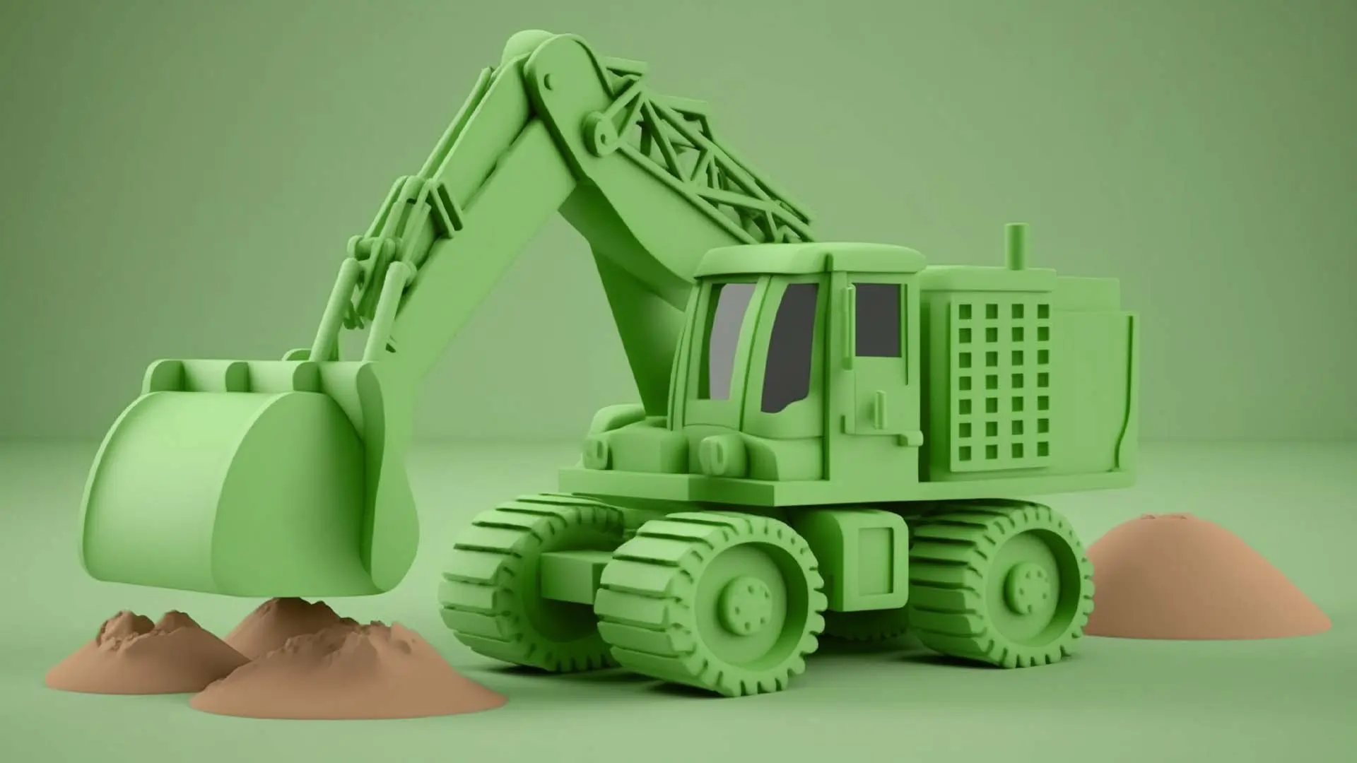 Green excavator truck on construction site.