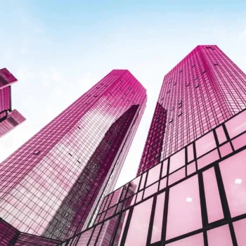 Tall pink skyscrapers.