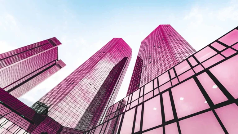 Tall pink skyscrapers.