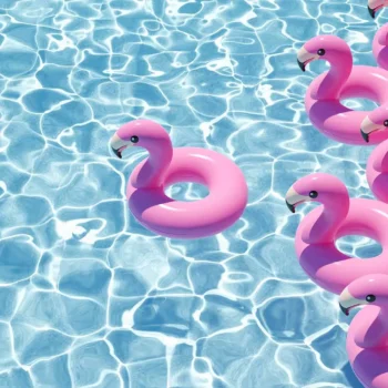 Flock of inflatable pool flamingos in the pool of a summer home.