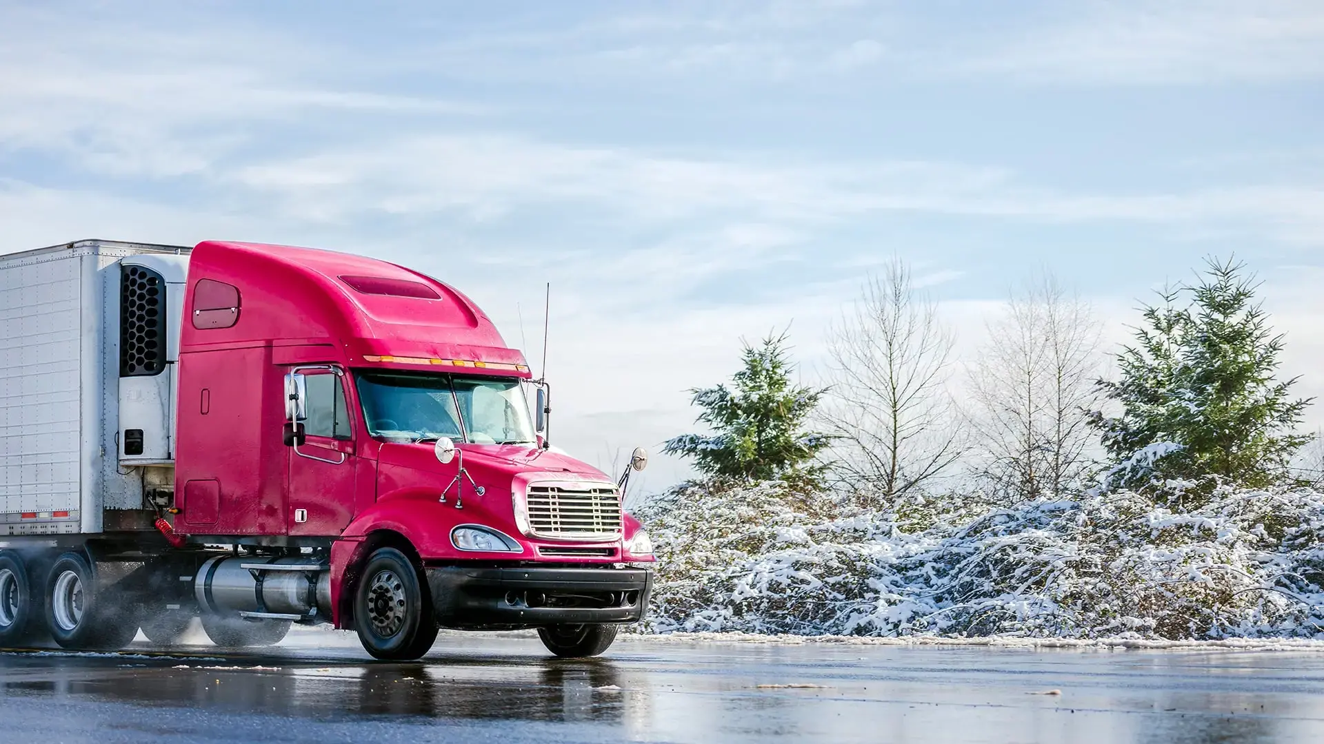 transport truck parked on the road in winter.