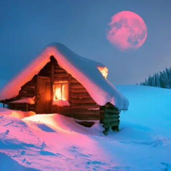 snow covered cabin with pink moon in background