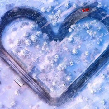 illustration of red car driving on winter road shaped as a heart