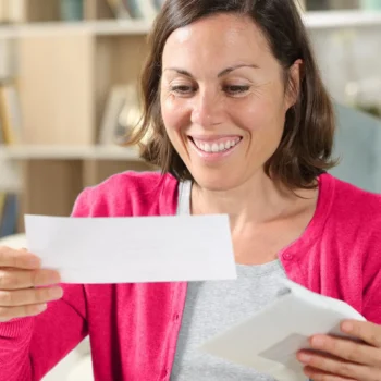 woman smiling while opening envelope with check in it