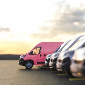 work vehicles in parking lot